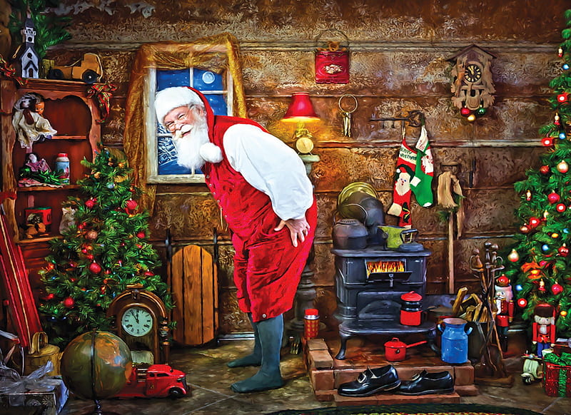 Warming up, pretty, cozy, christmas, holiday, home, smile, santa claus, winter, tree, warmth, presents, HD wallpaper