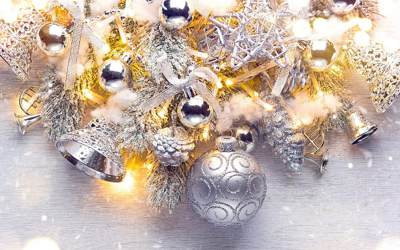 Merry Christmas, silver christmas balls, 2018, garland, glowing lights, New Year, HD wallpaper