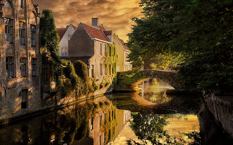 Bruges, stone bridge, evening, sunset, brick buildings, Brugge, cityscape, Belgium, West Flanders, HD wallpaper