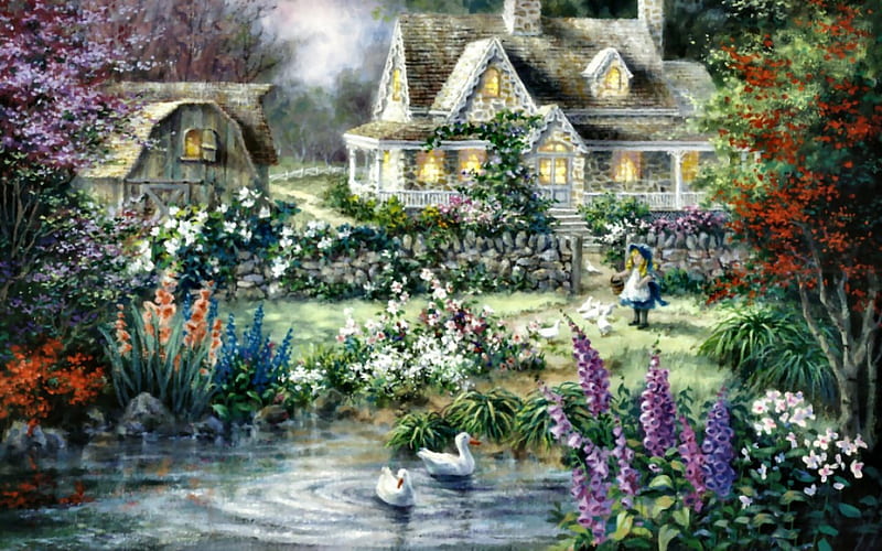 Ducks' Delight 2, art, house, ducks, artwork, pond, water, girl ...