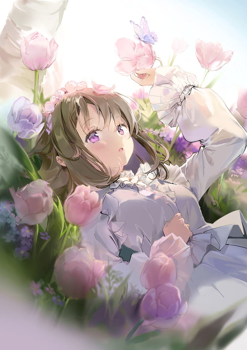 butterfly, pretty flowers, beautiful anime girl, lying down, Anime, HD phone wallpaper