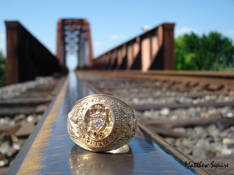 Ring on the rail, railroad, ring, trees, bridge, HD wallpaper
