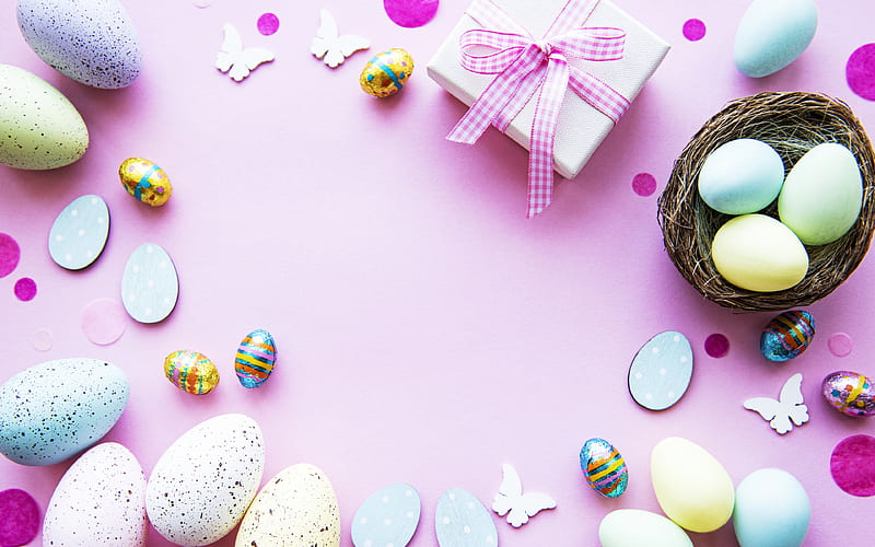 Easter concepts easter eggs, easter attributes, Happy Easter, creative, violet backgrounds, gift boxes, easter frames, HD wallpaper