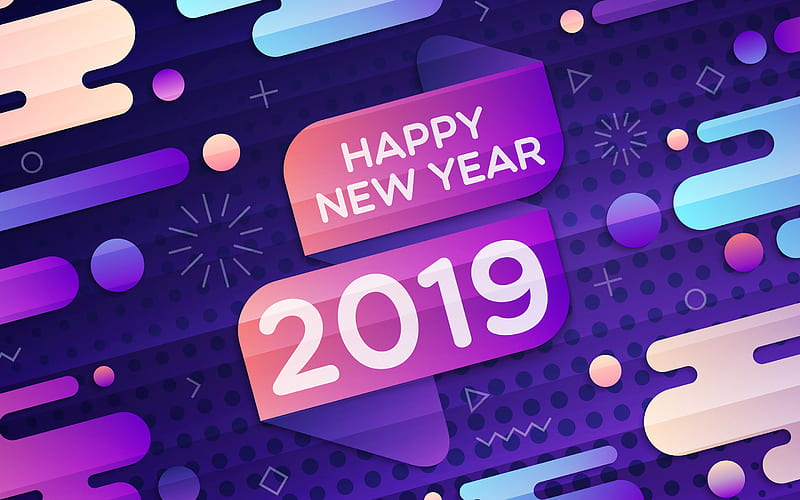 Happy New Year 2019, abstract art, creative, minimal, 2019 concepts, 3d digits, 2019 year, purple background, HD wallpaper