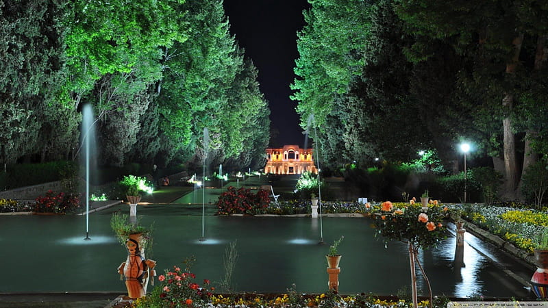kerman prince garden iran, fountain, house, garden, trees, pool, HD wallpaper