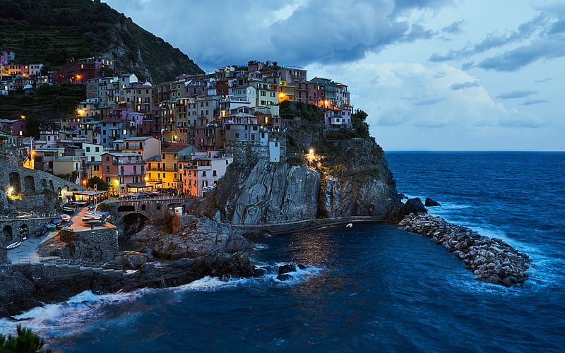 Cinque Terre, Manarola, evening, sunset, sea coast, La Spezia, Italy, Mediterranean Sea, HD wallpaper