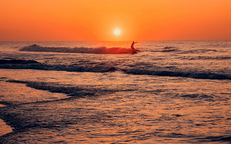 coast, seascape, surfing, waves, sunset, evening, surfer at sunset, HD wallpaper