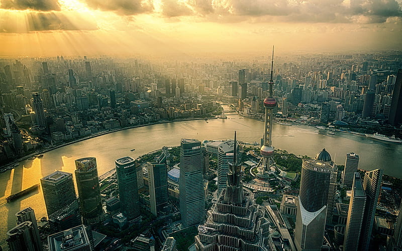 Shanghai, cityscapes, Huangpu River, chinese cities, skyscrapers, China, Shanghai from above, Asia, HD wallpaper