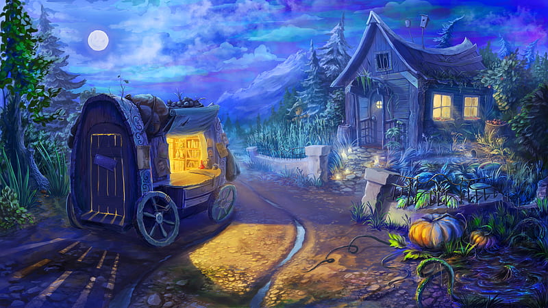 Dreamland, fear, art, halloween, town, dreams, magic, fantasy, moon, scary, moonlight, enchanted, pumpkins, night, HD wallpaper