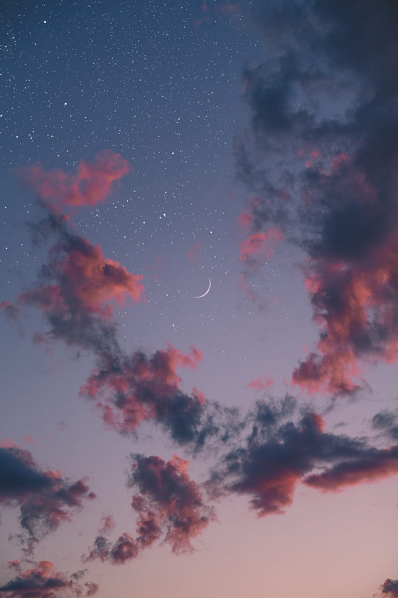 crescent, clouds, stars, Nature, HD phone wallpaper