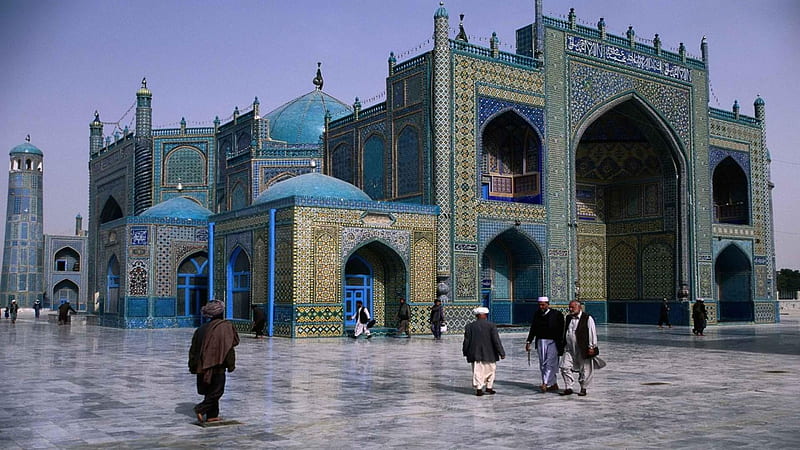 hazrat ali the blue mosque in afgahnistan, courtyard, mosque, people, blue, tiles, HD wallpaper