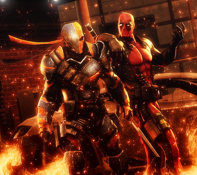 Deadpool Deathstroke, deadpool and, deathstroke meets in fire, sniperr552233, HD wallpaper