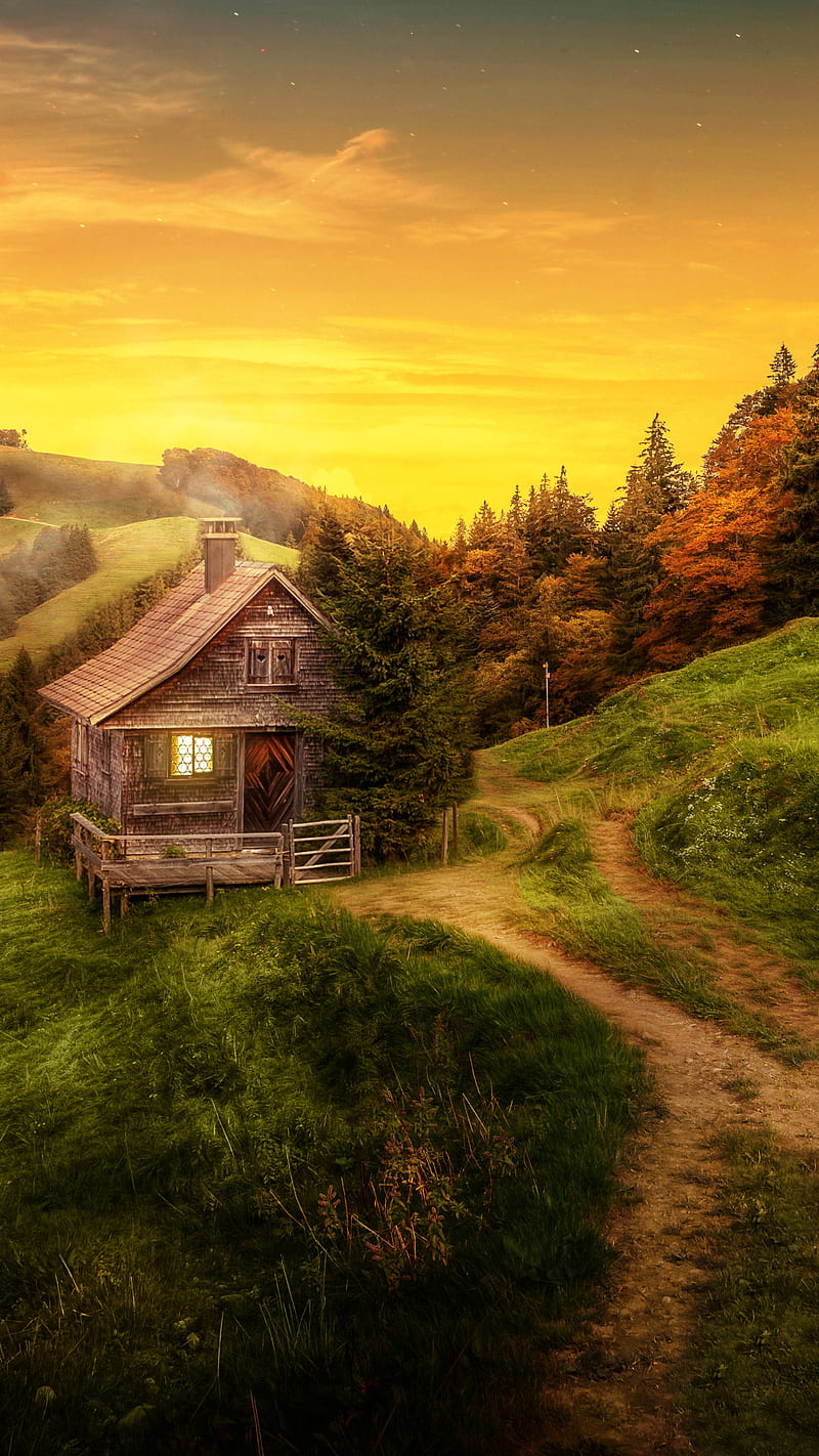 Scenery , mountain, house, grass, tree, nature, HD phone wallpaper