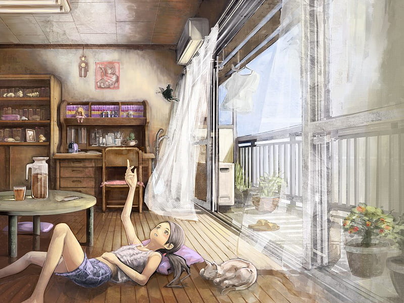 lazy afternoon in my room, playing, cg, kitty, painted, cat, illustration, arts, nice, cool, anime, painting, relaxing, HD wallpaper