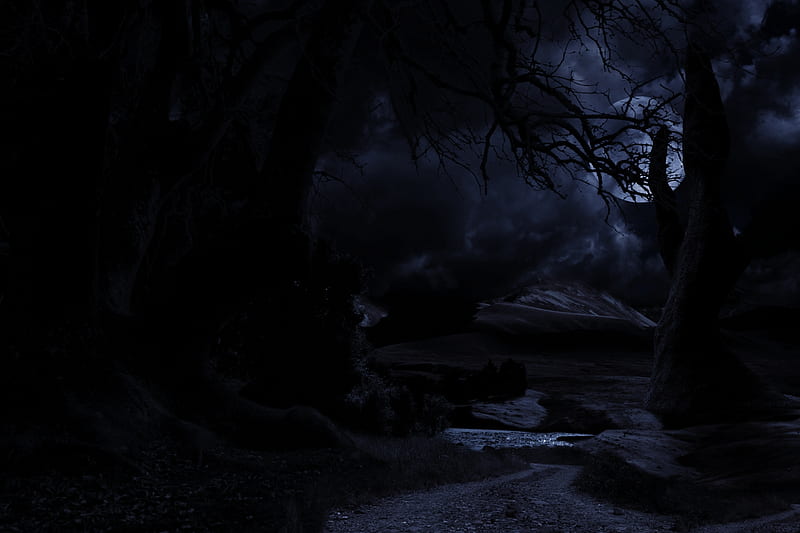 gothic moon, forest, stream, moon, gothic, path, HD wallpaper