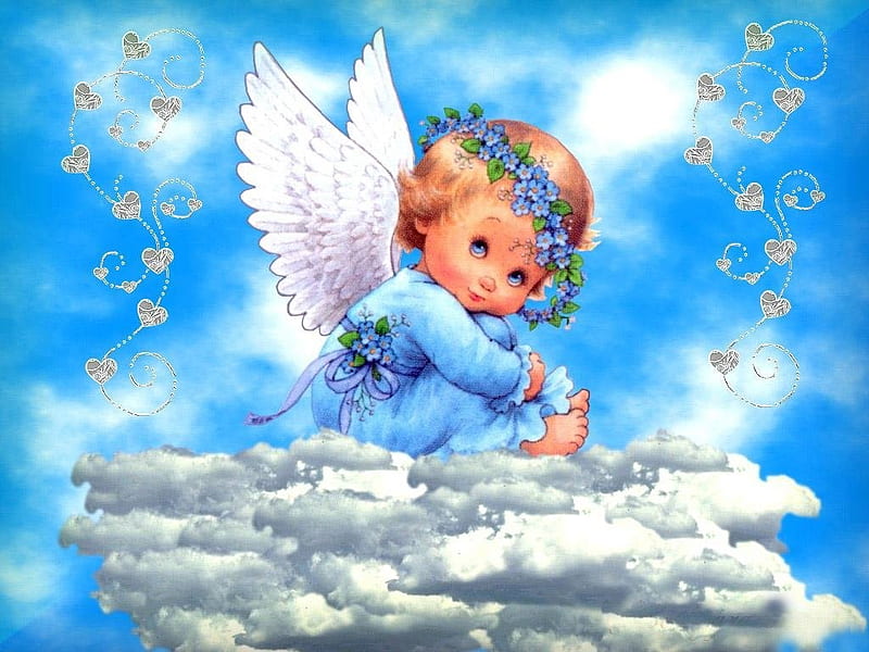 Little Angel n the Sky, sky, clouds, angel, sweet, HD wallpaper
