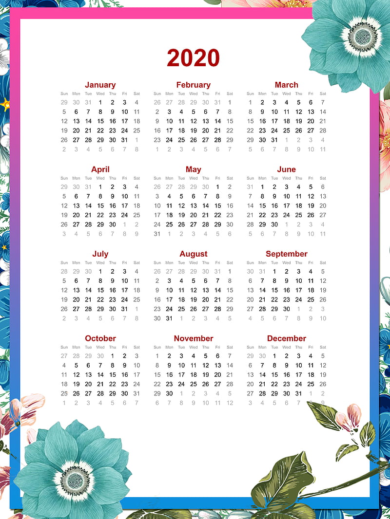 calendar, 2020 (Year), white background, frame, portrait display, flowers, HD phone wallpaper