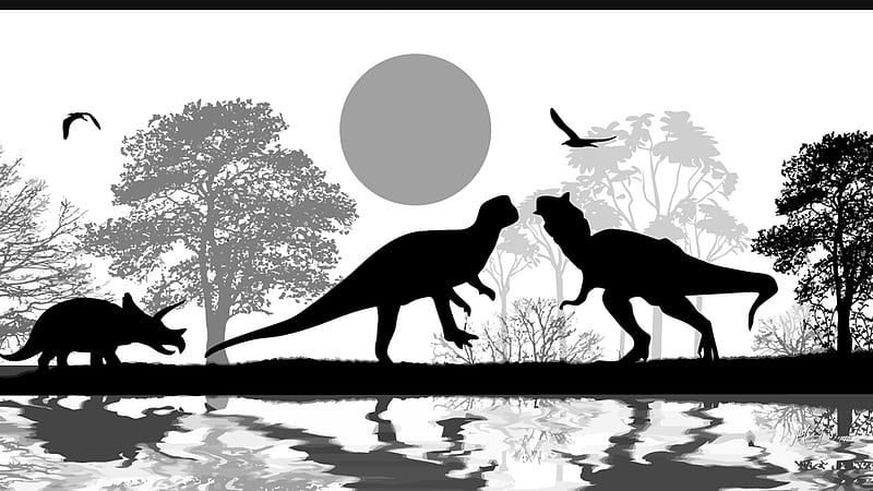 Prehistoric, moon, dinasaur, black and white, birds, Firefox Persona theme, HD wallpaper
