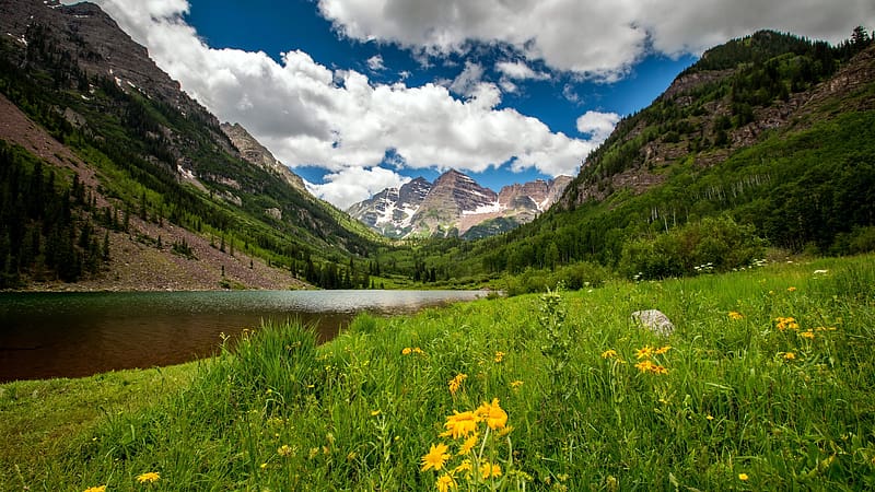 Little Ruby Lake, Rocky Mountains, Colorado, maroon bella, clouds, landscape, meadow, flowers, sky, usa, HD wallpaper