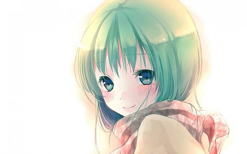 Cute face, green eyes, sparks, checkered scarf, cute, girl, aniem, face ...