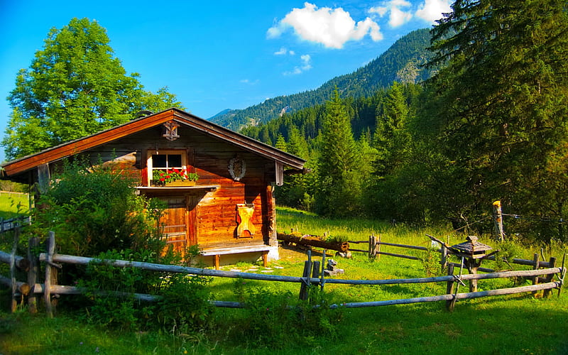 German Alps, fence, pretty, house, grass, cottage, cabin, bonito, villa, Tirol, mountain, nice, calm, green, village, flowers, calmness, lovely, greenery, sky, serenity, peaceful, summer, nature, Germany, meadow, wooden, HD wallpaper