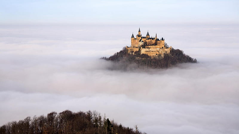 hohenzollern castle germany in the mist, hill, trees, castle, mist, HD wallpaper