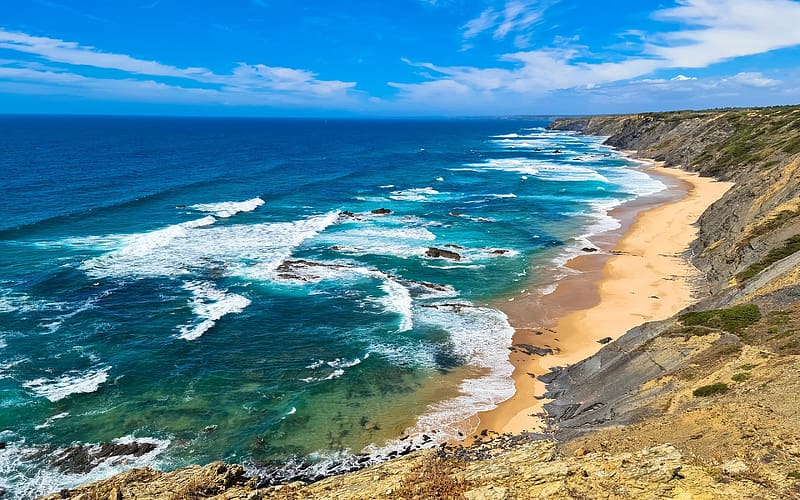 Stunning view of the Atlantic coast, Algarve, Portugal, sand, waves, water, ocean, stones, HD wallpaper