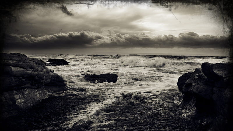 Black Sea, shore, black, waves, sky, clouds, storm, sea, beach, water, stone, dark, nature, rough, HD wallpaper