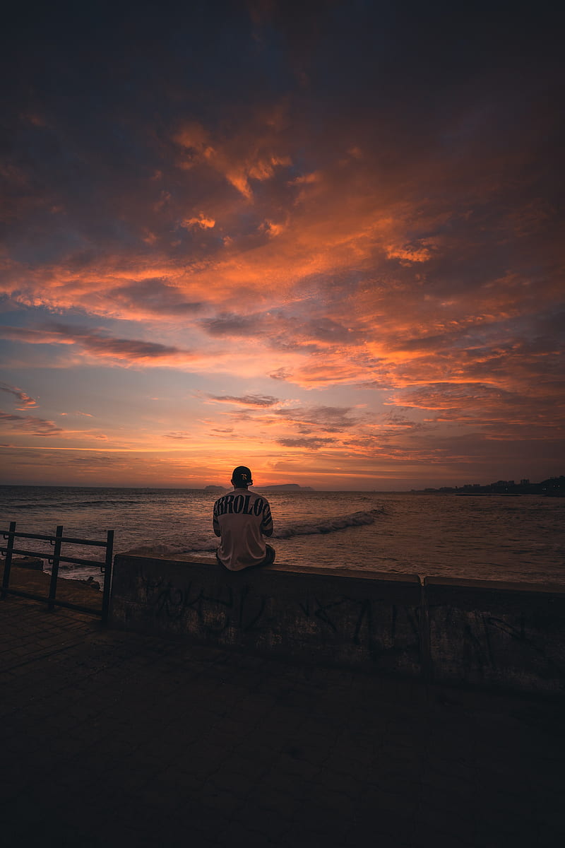 man, alone, embankment, water, sunset, HD phone wallpaper