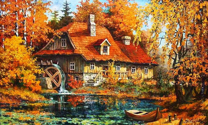 Old Watermill, fall, autumn, house, colors, artwork, leaves, painting, season, river, HD wallpaper