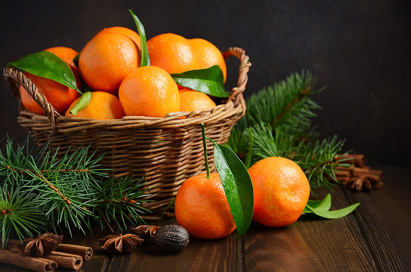 Christmas Decoration, Fruit, Decoration, New year, Mandarins, Basket, HD wallpaper