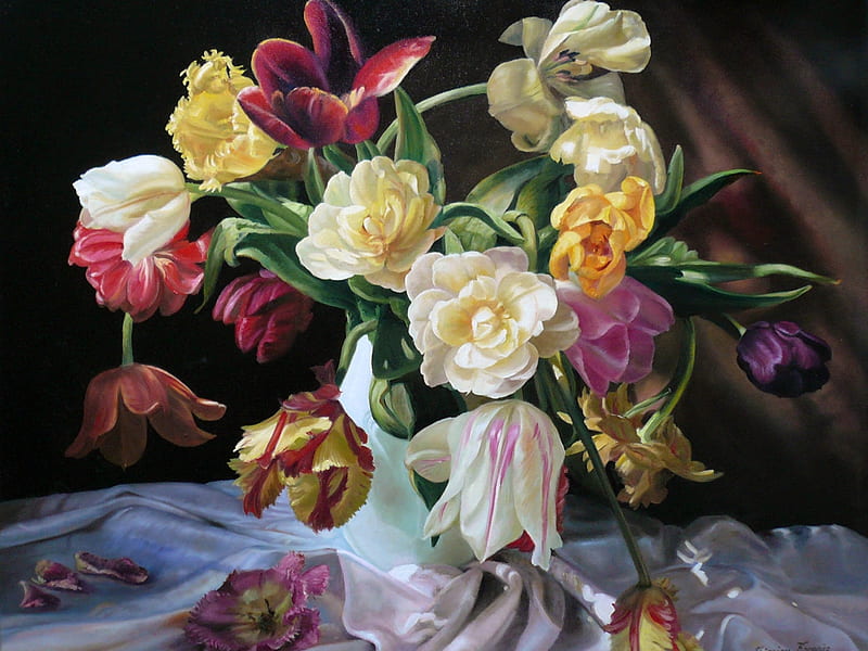 Tulips, flower, pink, white, tulip, red, zbigniew kopania, lalea, art, purple, painting, pictura, HD wallpaper