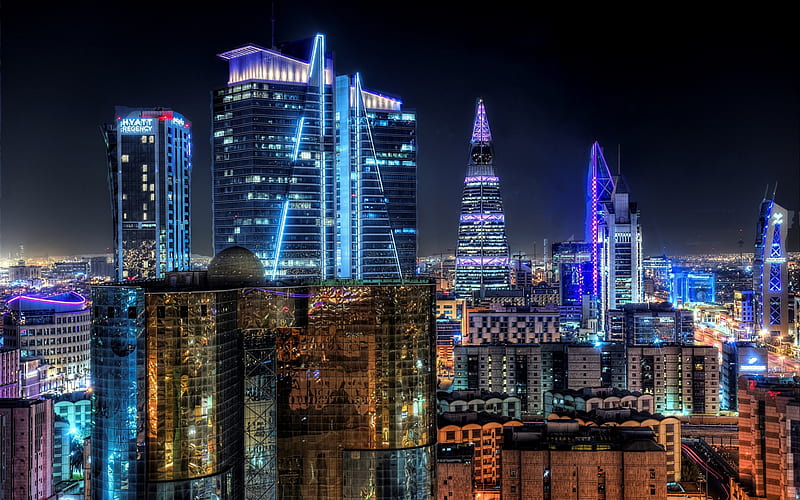 Riyadh, capital, colorful city lights, night, skyscrapers, modern buildings, Saudi Arabia, HD wallpaper
