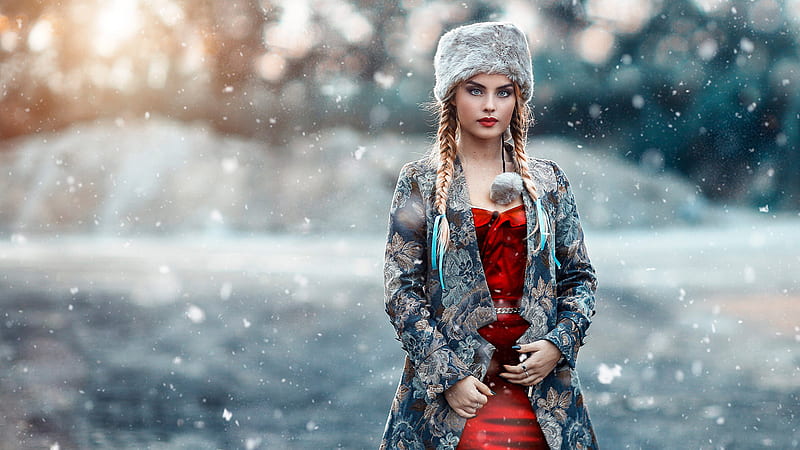 Model Girl Is Standing On Snow Falling During Winter Model, HD wallpaper