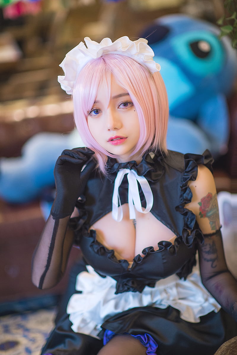 cosplay, pink hair, maid outfit, HD phone wallpaper