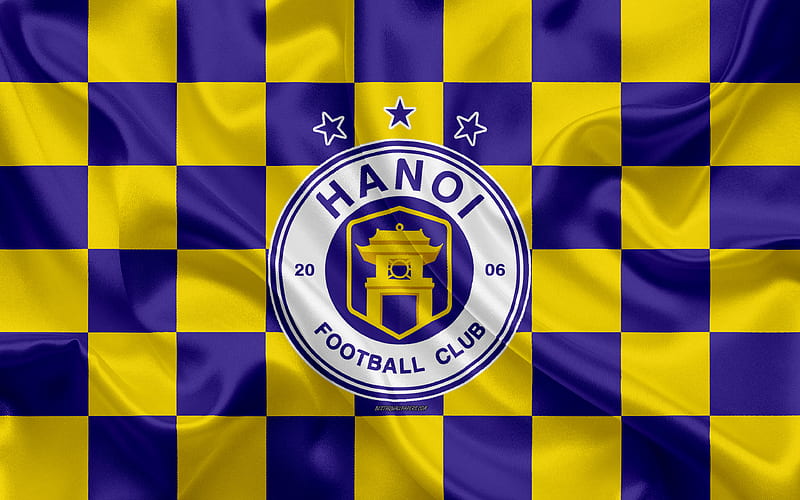 Ha Noi FC logo, creative art, yellow purple checkered flag, Vietnamese football club, V League 1, emblem, silk texture, Hanoi, Vietnam, HD wallpaper