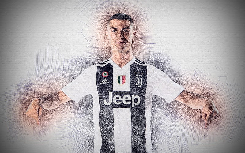 Cristiano Ronaldo artwork, football, CR7 Juve, Serie A, Juventus, Ronaldo, Bianconeri, soccer, Juve, CR7, footballers, drawing Cristiano Ronaldo, HD wallpaper