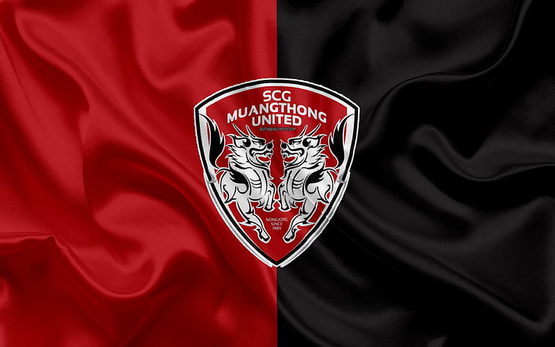 Muangthong United FC logo, silk texture, Thai professional football club, red black flag, Thai League 1, Muang Thong Thani, Thailand, football, Thai Premier League, HD wallpaper