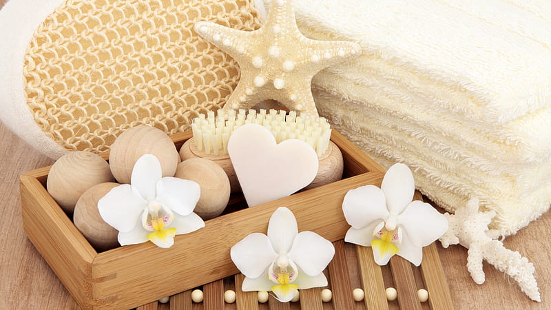 Essence of Orchids, orchids, loofah, flowers, spa, box, relaxation, star fish, sponge, HD wallpaper