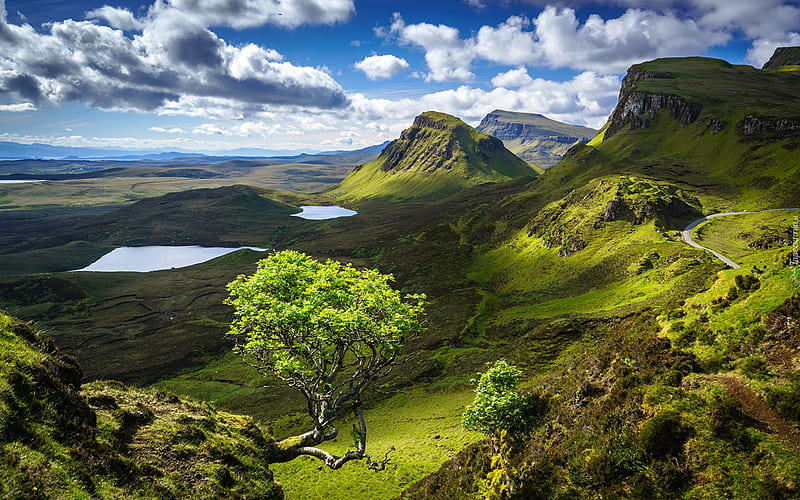 Quiraing, Scotland, hills, Scotland, clouds, trees, landscape, HD wallpaper