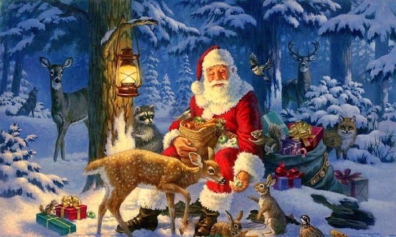 ★The World of Santa Claus★, pretty, Christmas, holidays, feed, bonito, santa claus, xmas and new year, paintings, forests, toys, animals, lovely, white trees, colors, love four seasons, creative pre-made, winter, snow, winter holidays, gifts, HD wallpaper