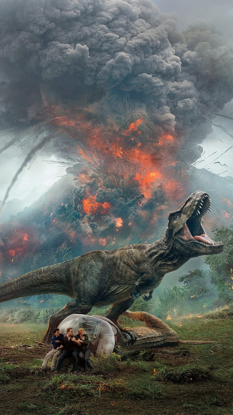 Jurassic World 2, dinosaur park, t-rex, volcano, HD phone wallpaper