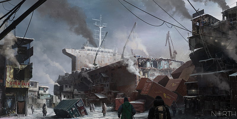 post-apocalyptic, containers, ship, smoke, artwork, Fantasy, HD wallpaper