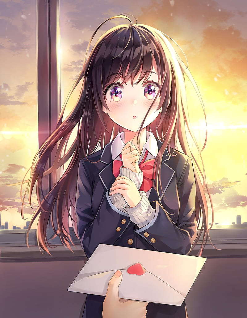 Love letter, anime girl, school uniform, romance, brown hair, sunset,  scenic, HD phone wallpaper | Peakpx