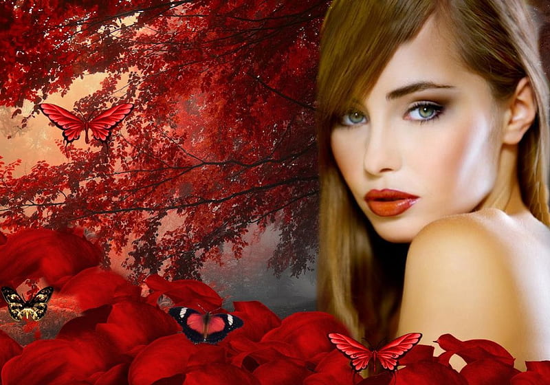 Ruby Beauty, red, brown, ruby, black, butterflies, trees, red ruby, fantasy, girl, beauty, peach, white, blue, HD wallpaper