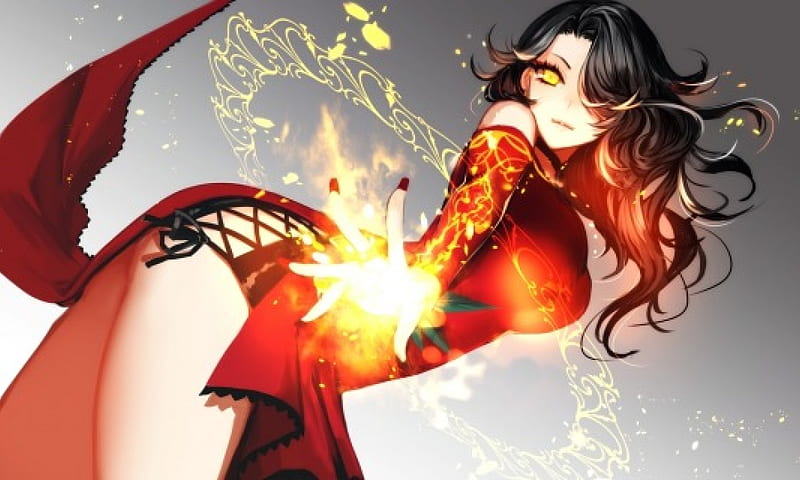 Cinder Fall, red, fire, pretty, girl, magic, rwby, long hair, HD wallpaper