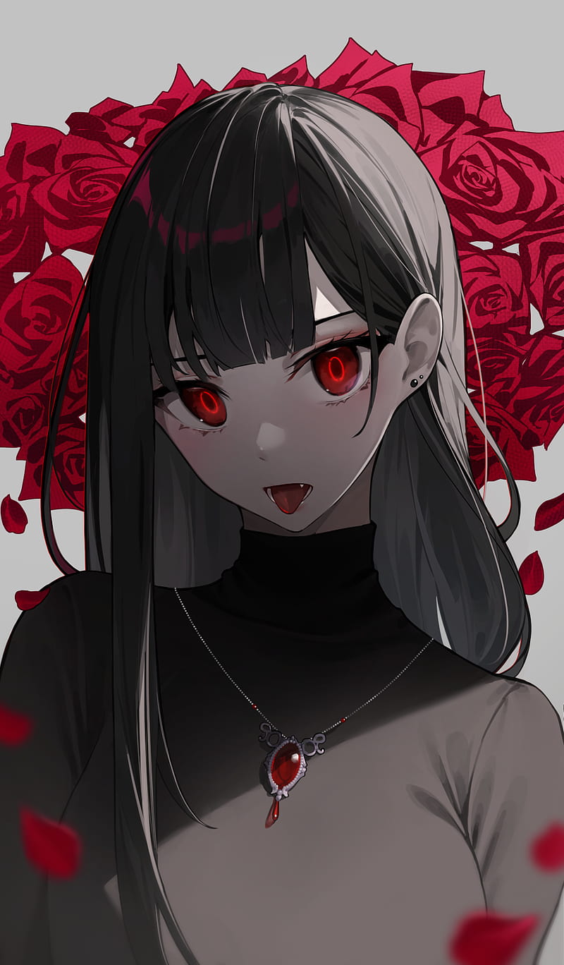 Anime, anime girls, star741, red eyes, rose, roses, black hair, tongue out,  pale, HD phone wallpaper | Peakpx