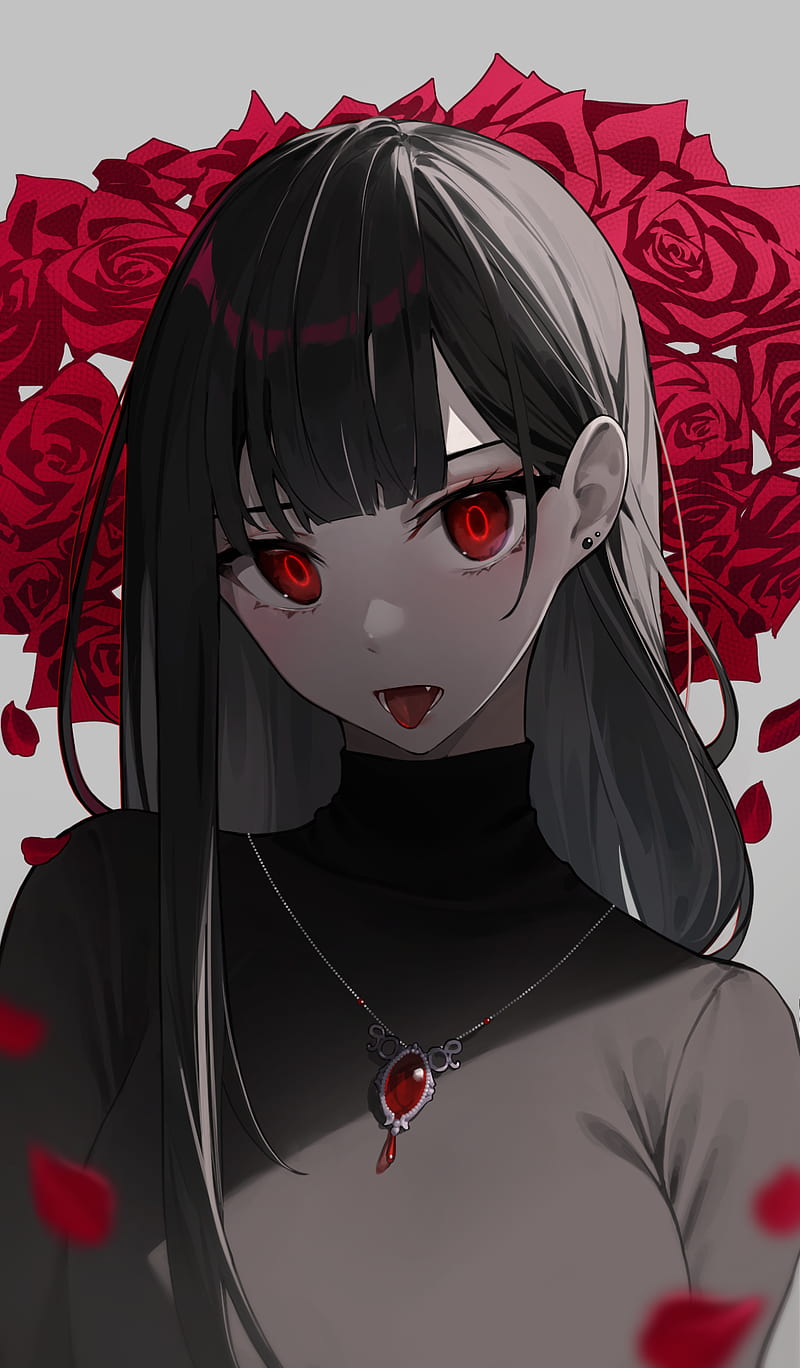 anime little girl with black hair and red eyes