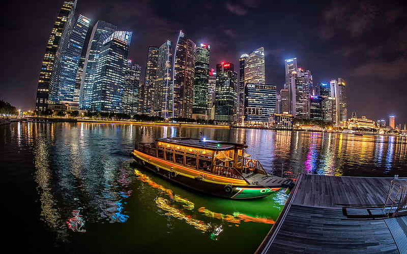 Singapore, skyscrapers, bay, night, Asia, ship, Singapore River, HD wallpaper