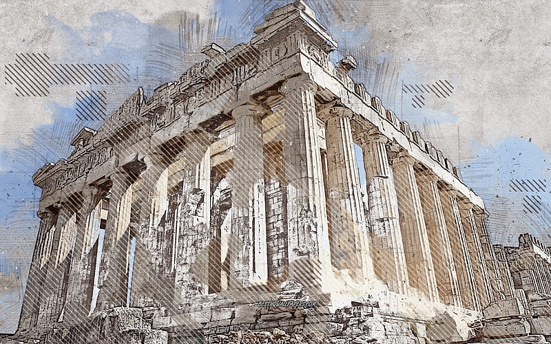 Parthenon, Athenian Acropolis, Greece, grunge art, creative art, painted Parthenon, drawing, Parthenon grunge, digital art, Athens, HD wallpaper